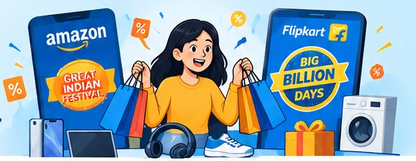 Cartoon illustration of festive online shopping on Amazon and Flipkart