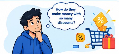 Cartoon shopper wondering how online marketplaces earn money