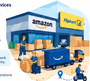 Cartoon illustration of fulfilment warehouses and delivery logistics