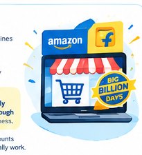 Cartoon illustration summarizing online festive shopping marketplaces