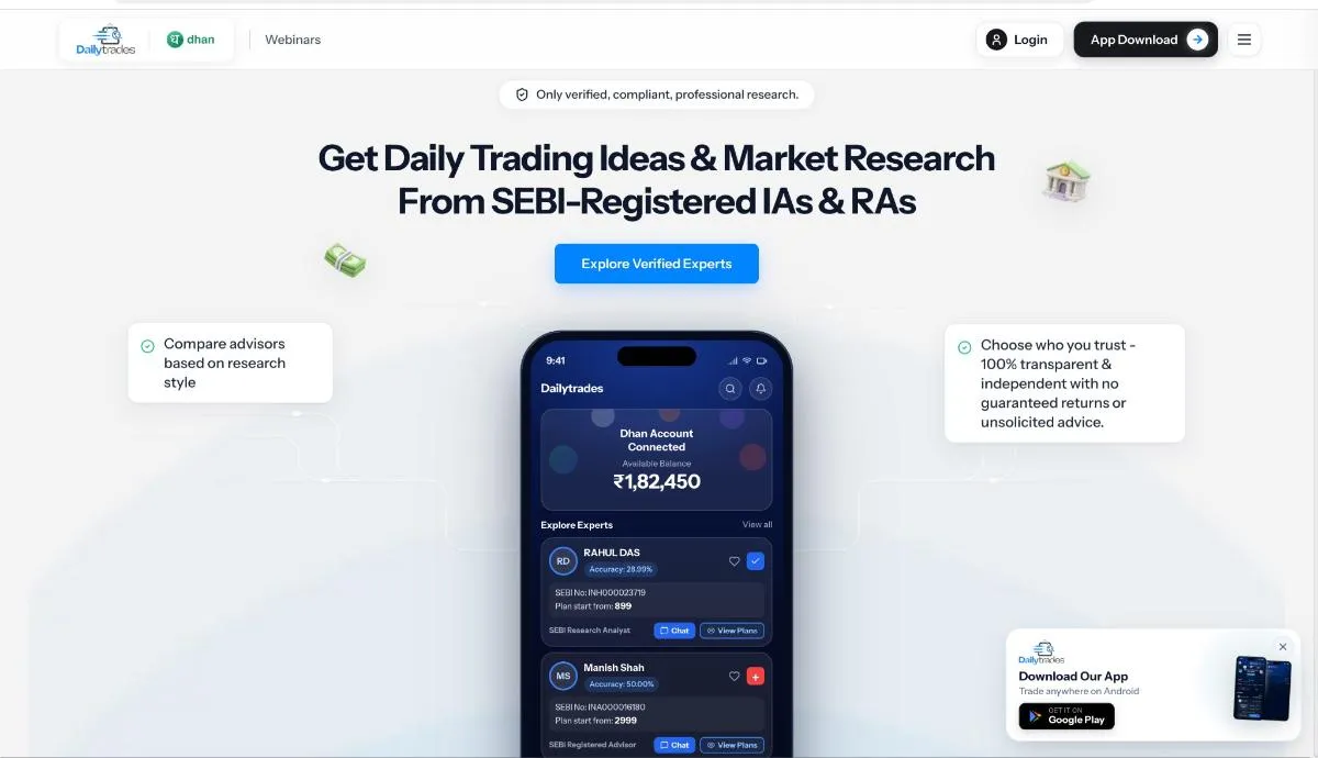 DailyTrades platform homepage showing research experts and app interface