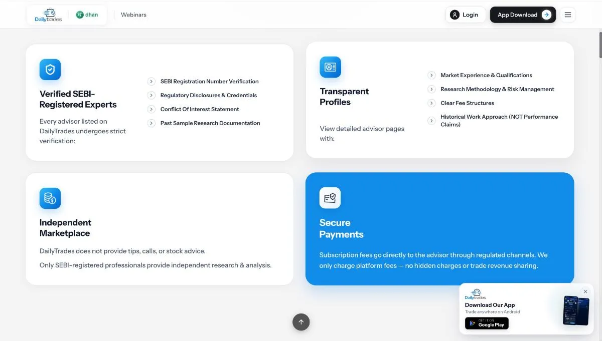 DailyTrades platform features including verified expert profiles, transparent information, independent marketplace and secure payments